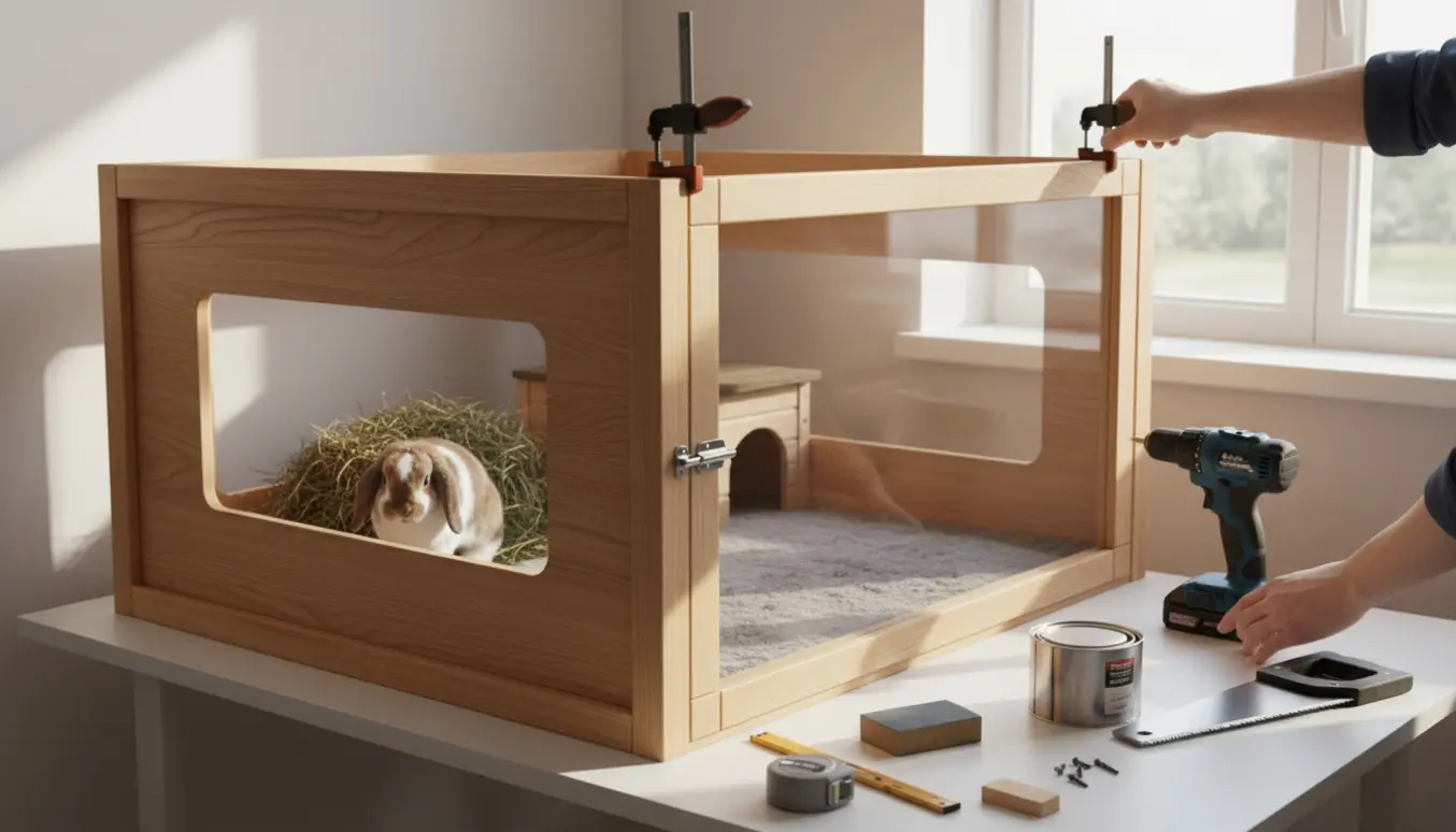 Specialbygget indendørs kaninindhegning med træbund, låge og plexiglasside i et lyst hjemmeværksted.