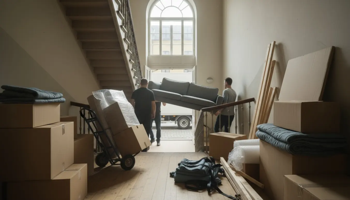 Flyttefolk bærer en delt stor sofa og flyttekasser op ad en trætrappe i en ældre lejlighedsbygning.