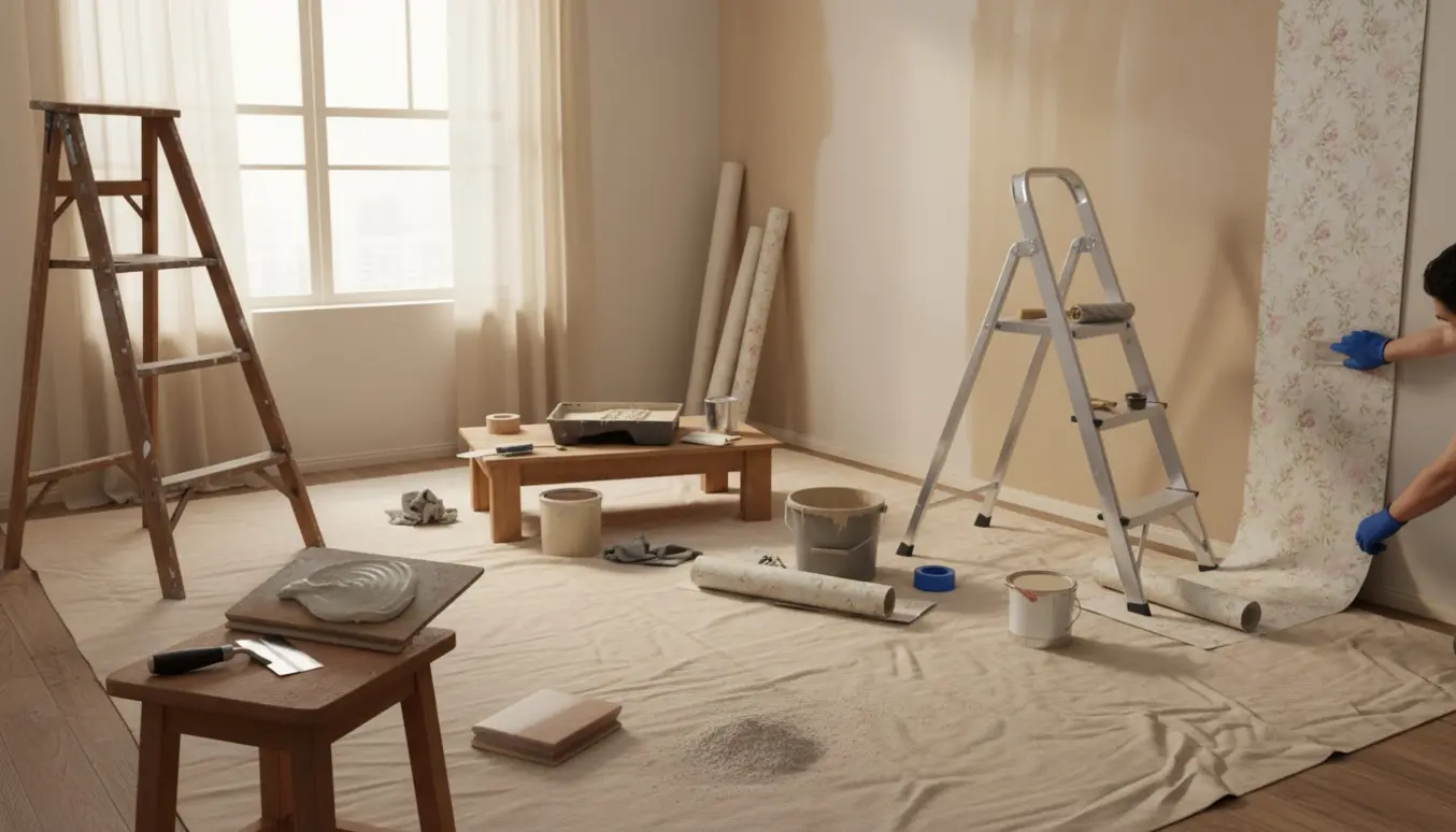 Indendørs foto af en igangværende renovering med pudsning, spartling, tapetsering og maling.