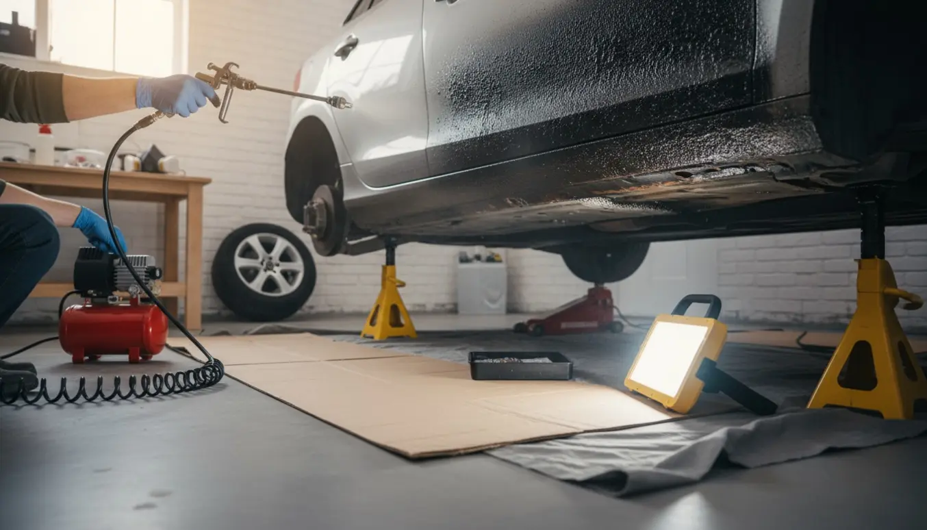 En kompakt bil løftet på donkrafte, hvor handskerede hænder sprayer undervognsbehandling på rammen.