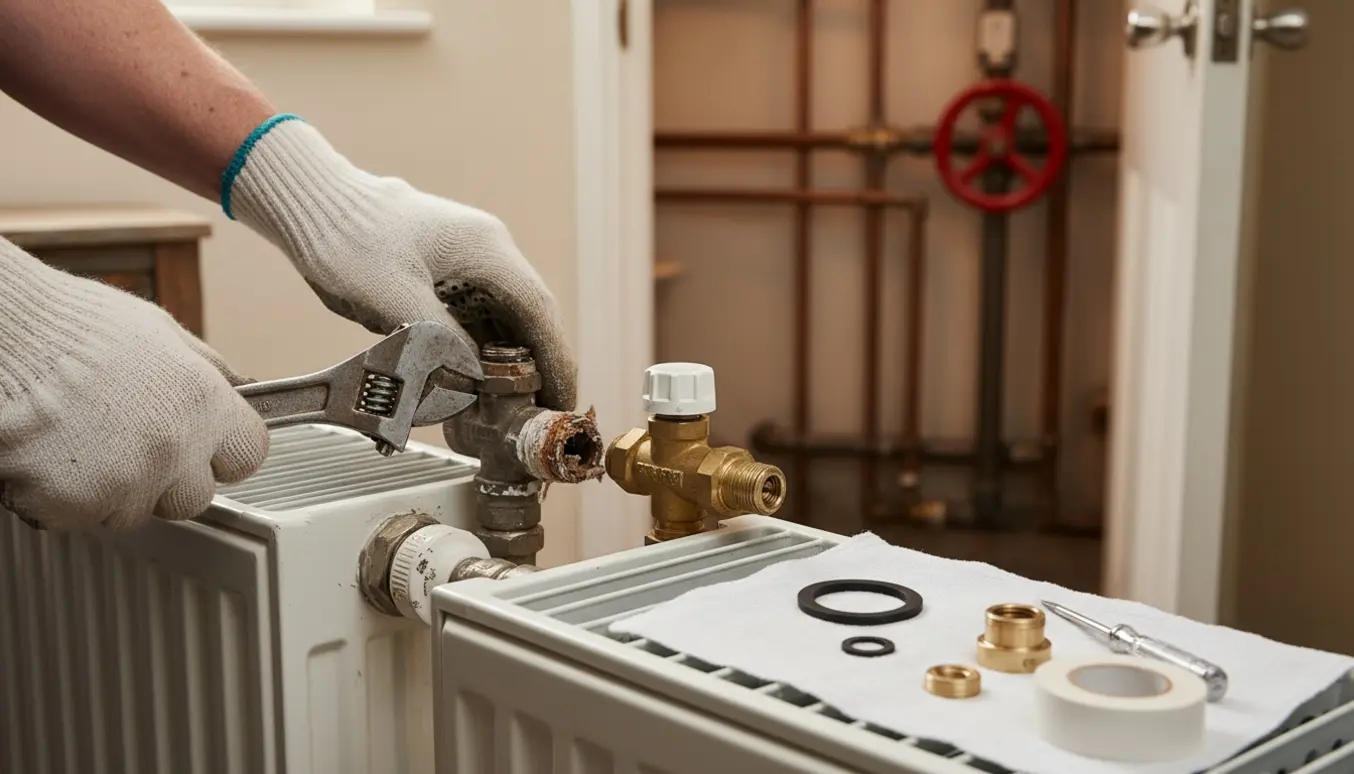 Nærbillede af hænder, der forsøger at skrue en rusten radiatorventil af med værktøj, med udskiftningsdele og kælderens stophane svagt i baggrunden.