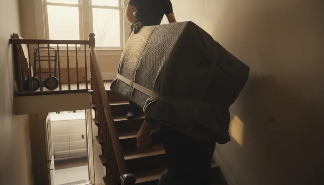 To personer bærer et tungt 37″ analogt fjernsyn ned ad en smal trappe i et gammelt byhus, pakket i flyttetæpper og stropper.