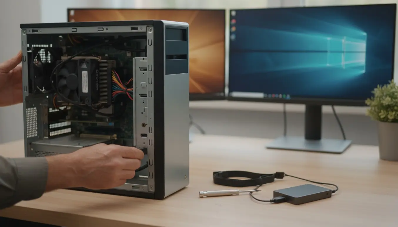 Hænder indsætter en USB-nøgle i en åben desktop-pc klar til opgradering fra Windows 7 til Windows 10.