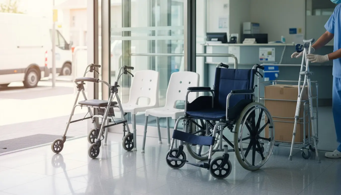 Hjælpemidler — kørestol, gangstativ, to badestole og krykker — afleveret i en hospitalsentré.