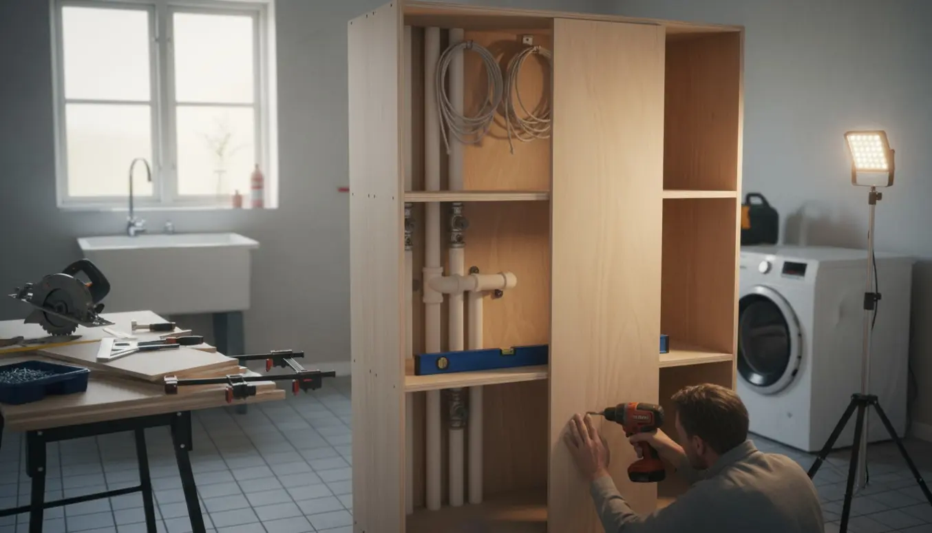 Delvist monteret specialbygget skab i bryggers, der skjuler rør og kabler med indbyggede hylder.