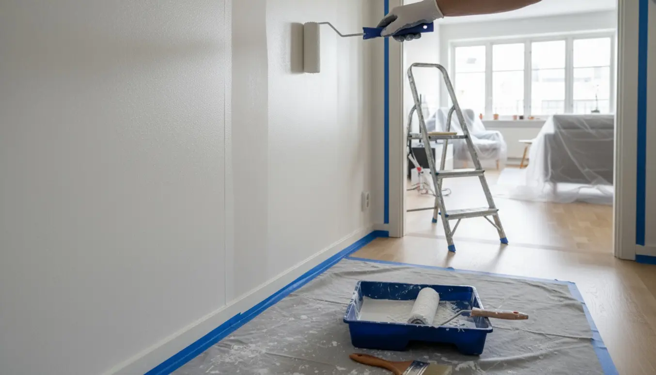 Nærbillede af maling i en lejlighed: rulle på væg med lavglans hvid maling og afdækket møblement i baggrunden.