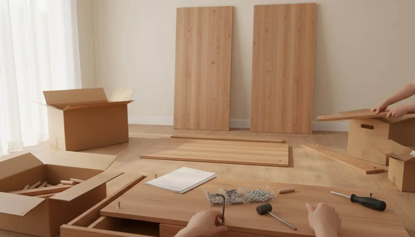 Delvist samlet kommode og garderobeskab med sorteret plademateriale og værktøj i et lyst rum.