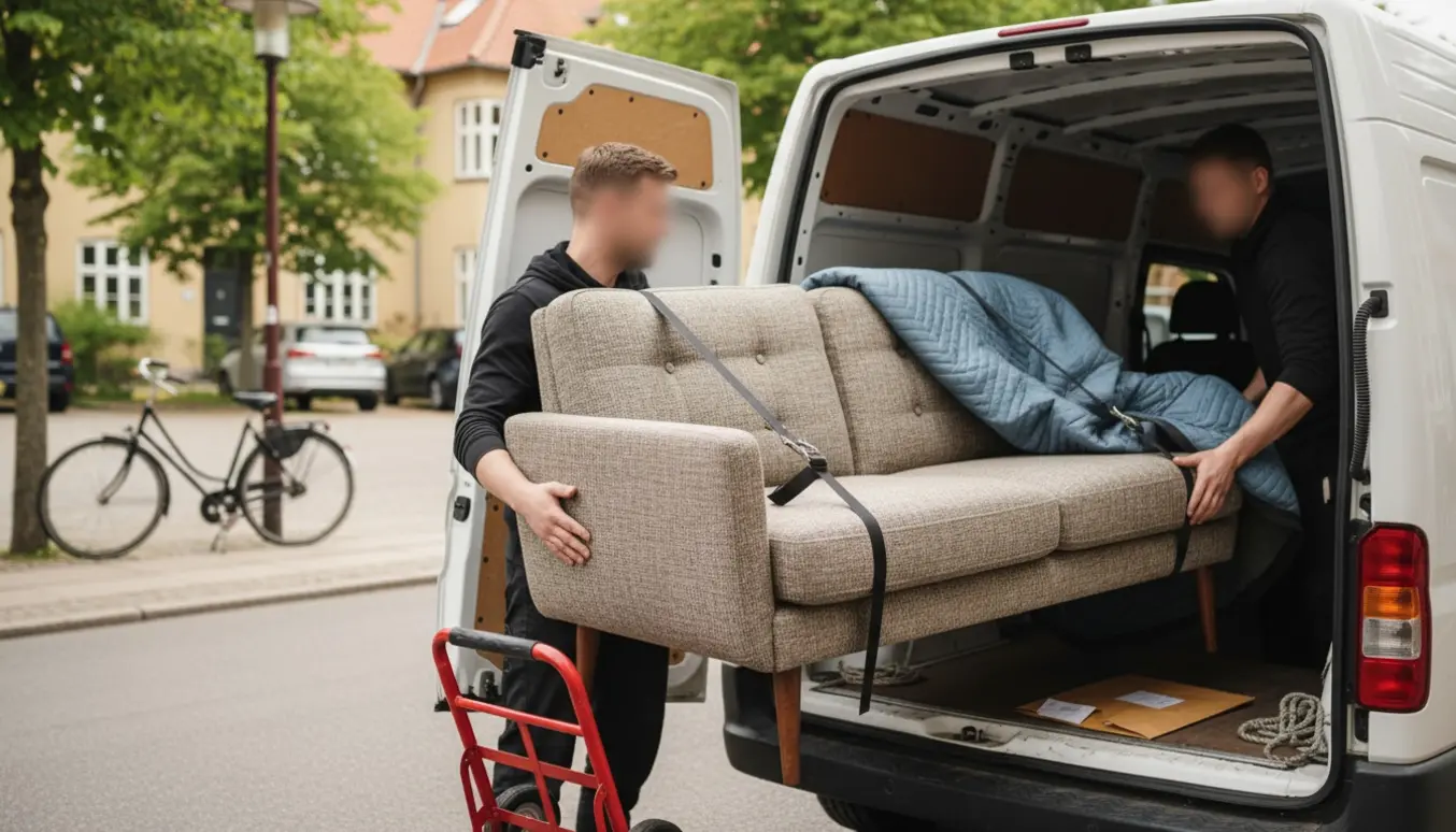 To personer læsser en 140 cm to-personers sofa ind i en varevogn på en rolig københavnsk vej.