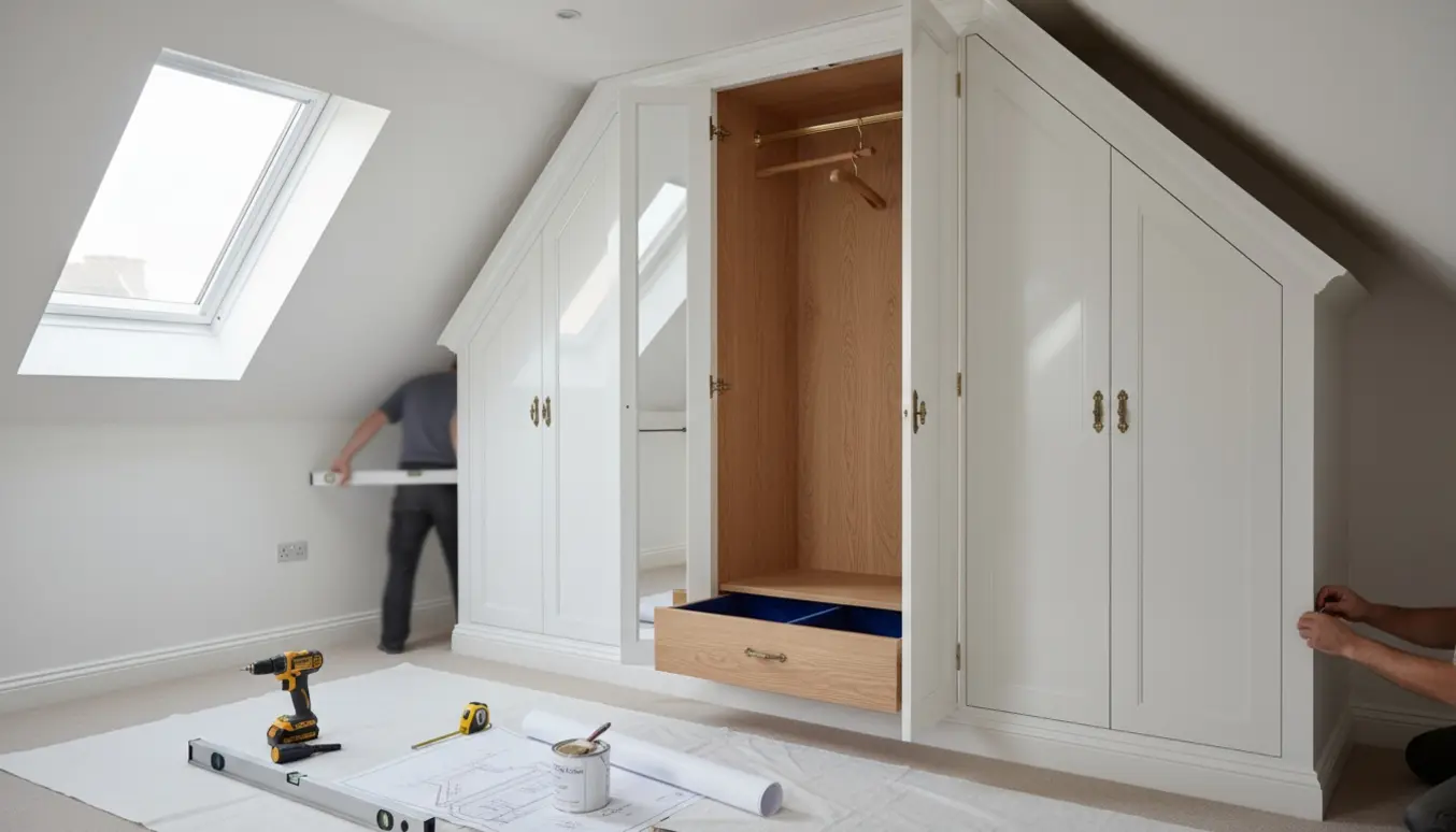 Indbygget højglans hvidt garderobeskab ved en skråvæg med åbne træhylder og messingbeslag, værktøj i forgrunden.