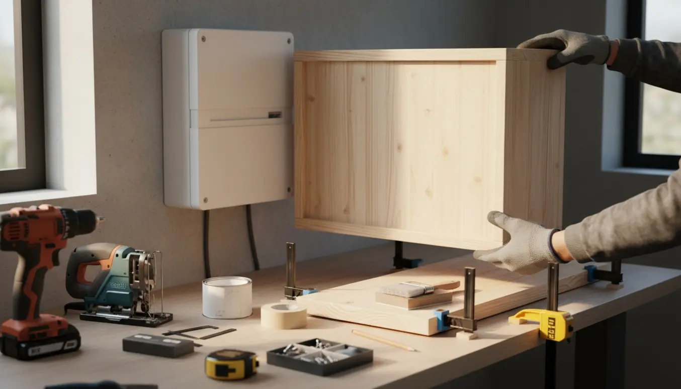 Trækasse monteres som indækning over et vægmonteret el-relæ i et rydeligt værksted.