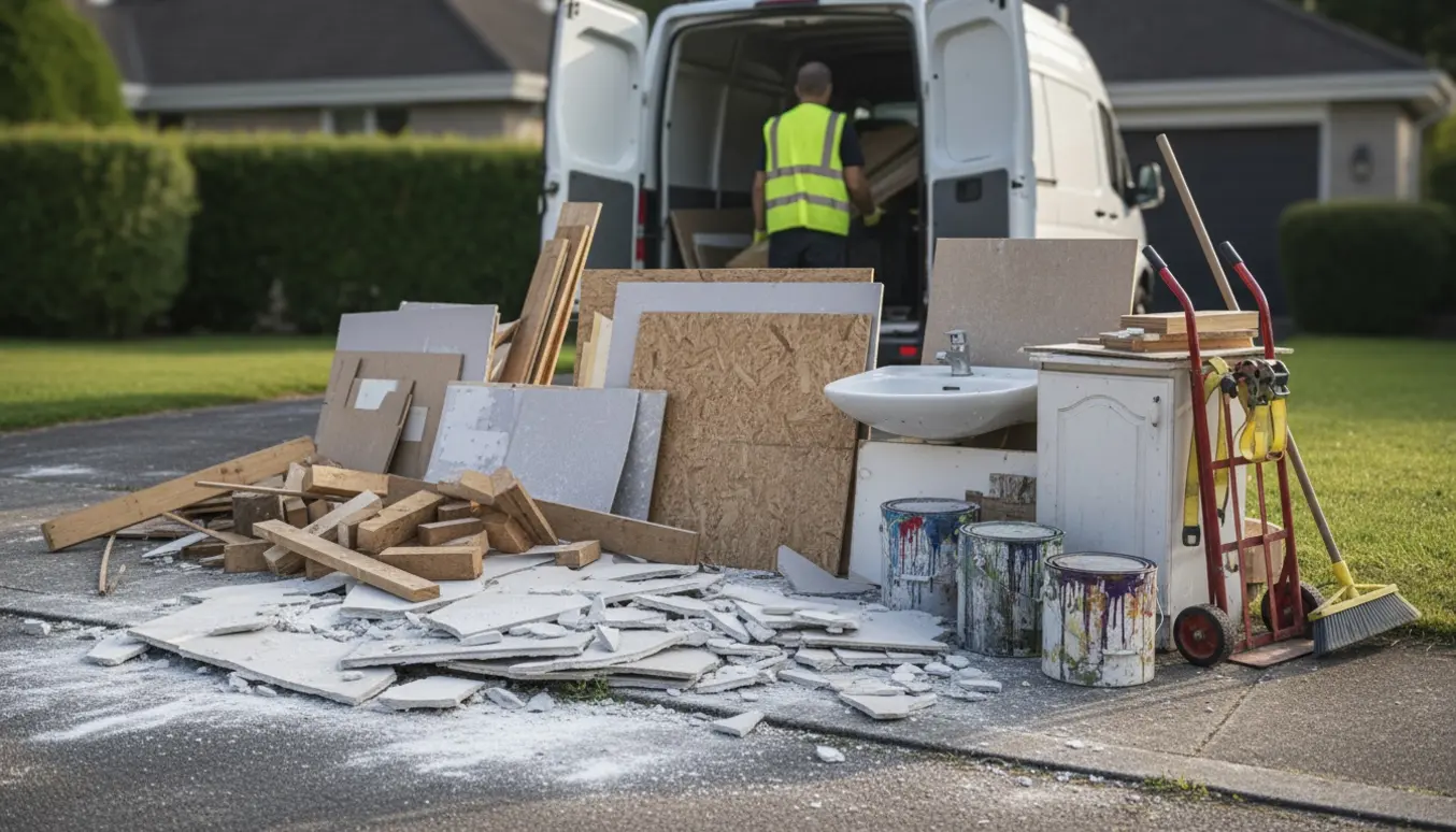 Stak byggeaffald ved fortovet med gips, træstumper, MDF-plader, gammel håndvask og malerbøtter klar til afhentning.