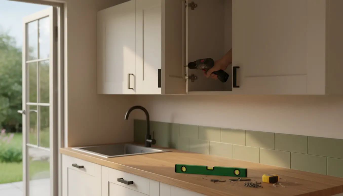 Lille sommerhuskøkken med tre underskabe og tre overskabe, hænder monterer en skabslåge i blødt dagslys.