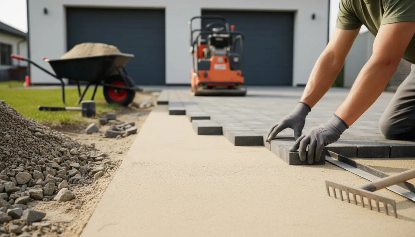 Indkørsel under omlægning med sand, grus og håndlægning af fliser set i naturligt dagslys.