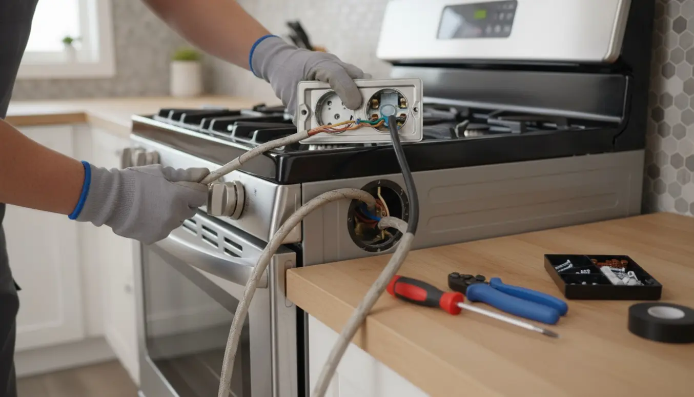 Hænder fra en elektriker skifter et rundt komfurstik på køkkenvæggen i et rent, moderne køkken.