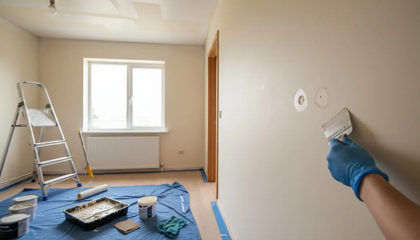 Værelse under maling med spartlede huller, malerværktøj og radiator under vinduet.