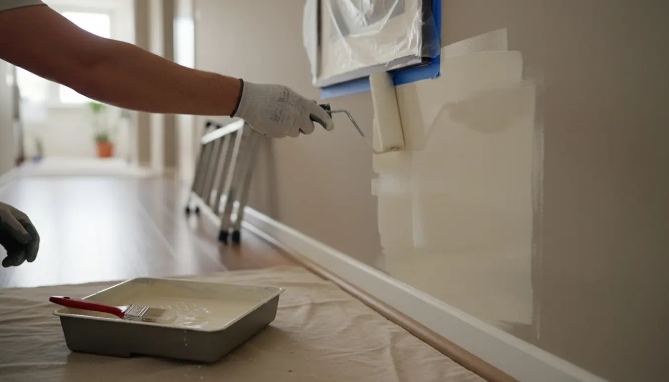 Nærbillede af glansmaling på en gangvæg omkring et indrammet billede, med malerhånd, rulle og afdækning.