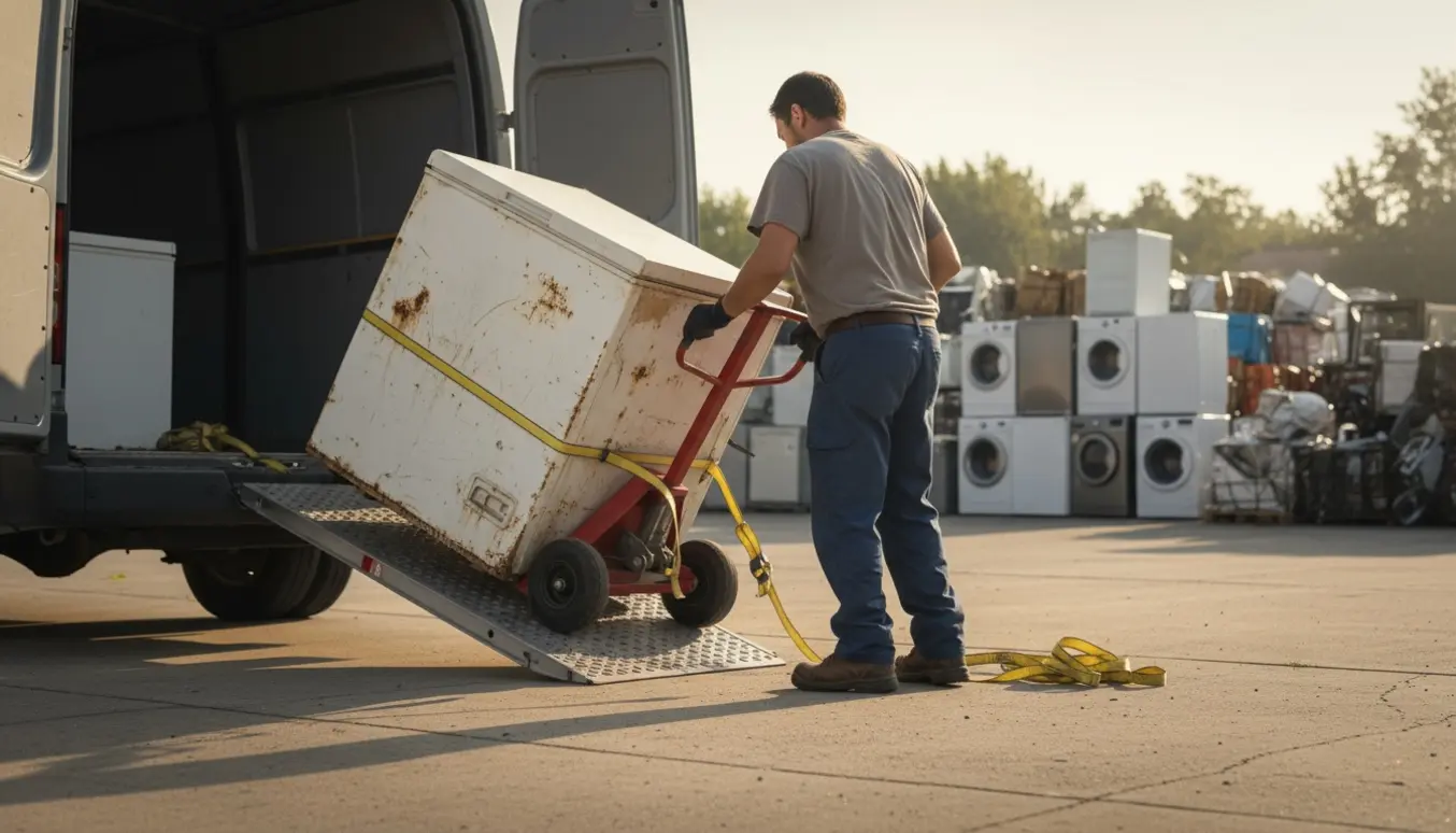 To arbejdere læsser en slidt fryser op på en varevogn ved hjælp af en flytetralle og rampe klar til skrot.