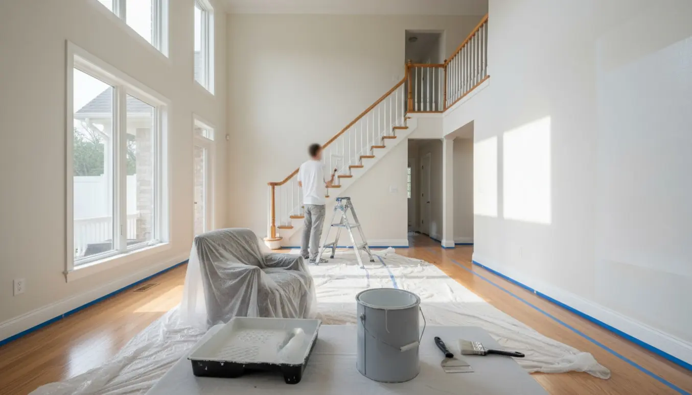 En maler ruller hvid maling på en væg i et lyst to-etagers hus under indflytning.