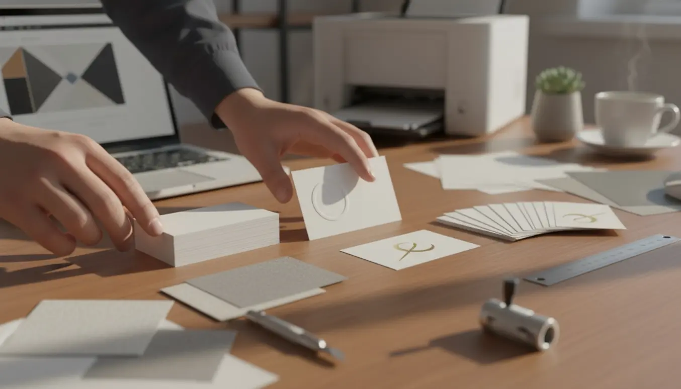 Nærbillede af hænder, der arrangerer visitkort med et enkelt logo og papirprøver på et træbord.