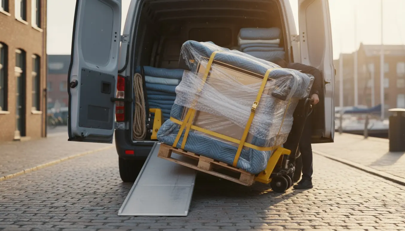 Indpakket kogeplade på palle bliver læsset ind i en varevogn klar til transport mellem Flensborg og København.