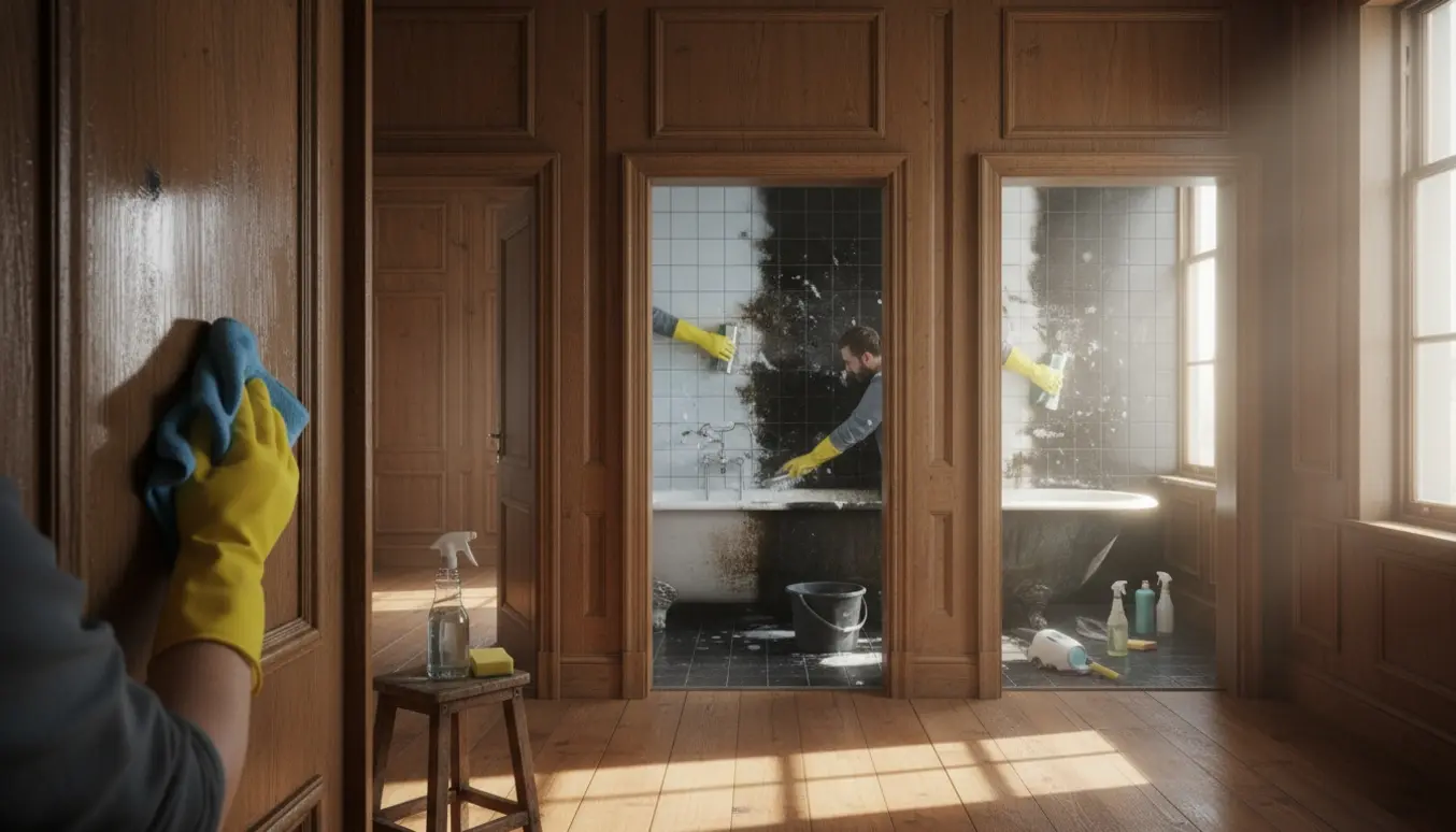 Rengøring af træpaneler i en gang med tre døre og grundig skrubning af et snavset badeværelse.