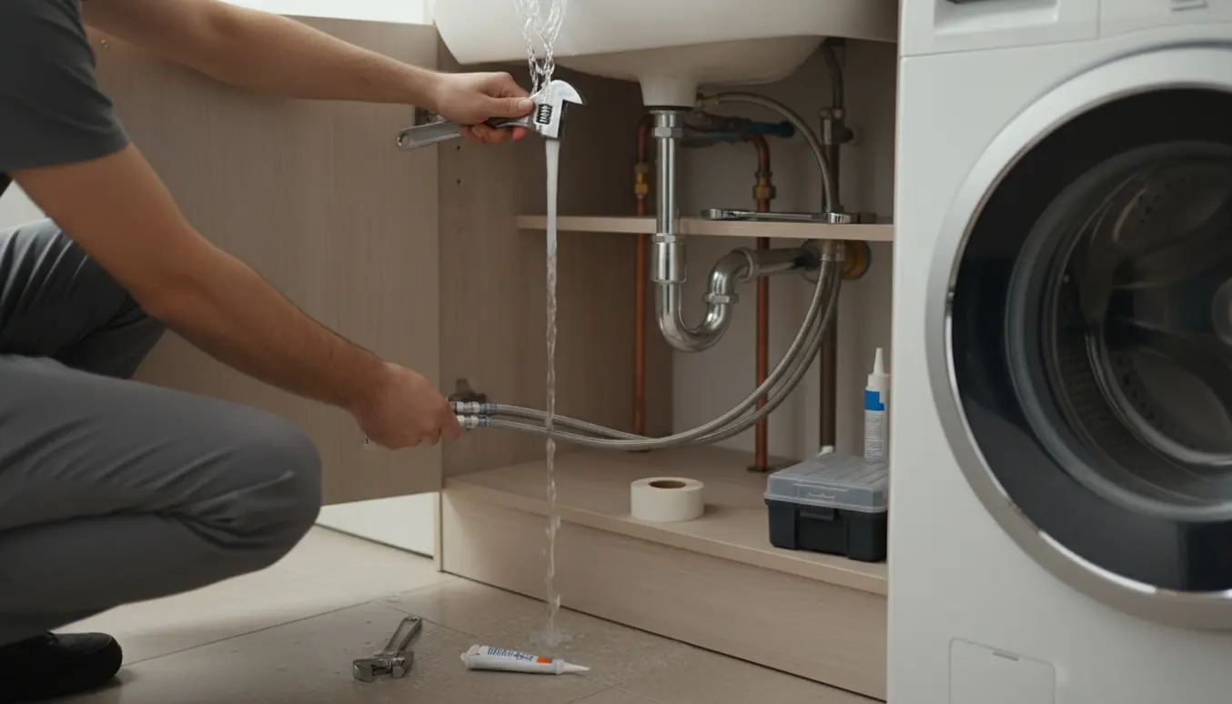 Hænder installerer en ny vask og tilslutter vaskemaskinen med synlige rør og værktøj.