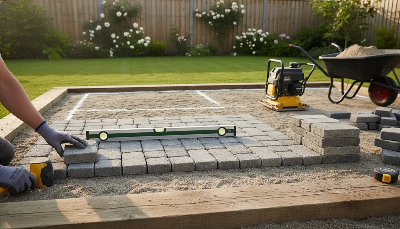 Nærbillede af herregårdssten lagt som bund til et haveskur med værktøj og arbejdshænder.