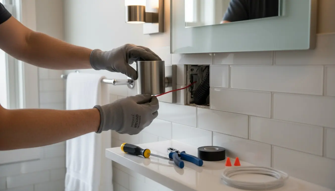 Hænder monterer en stålfarvet væglampe over et badeværelsesspejl og forbinder ledninger i en fliset tilslutningsdåse.