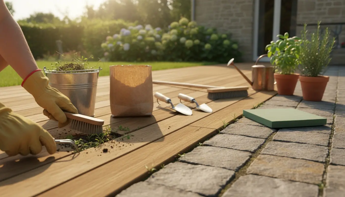Nærbillede af handsker og haveværktøj, der fjerner ukrudt mellem terrassebrædder på en solrig sommerterrasse.