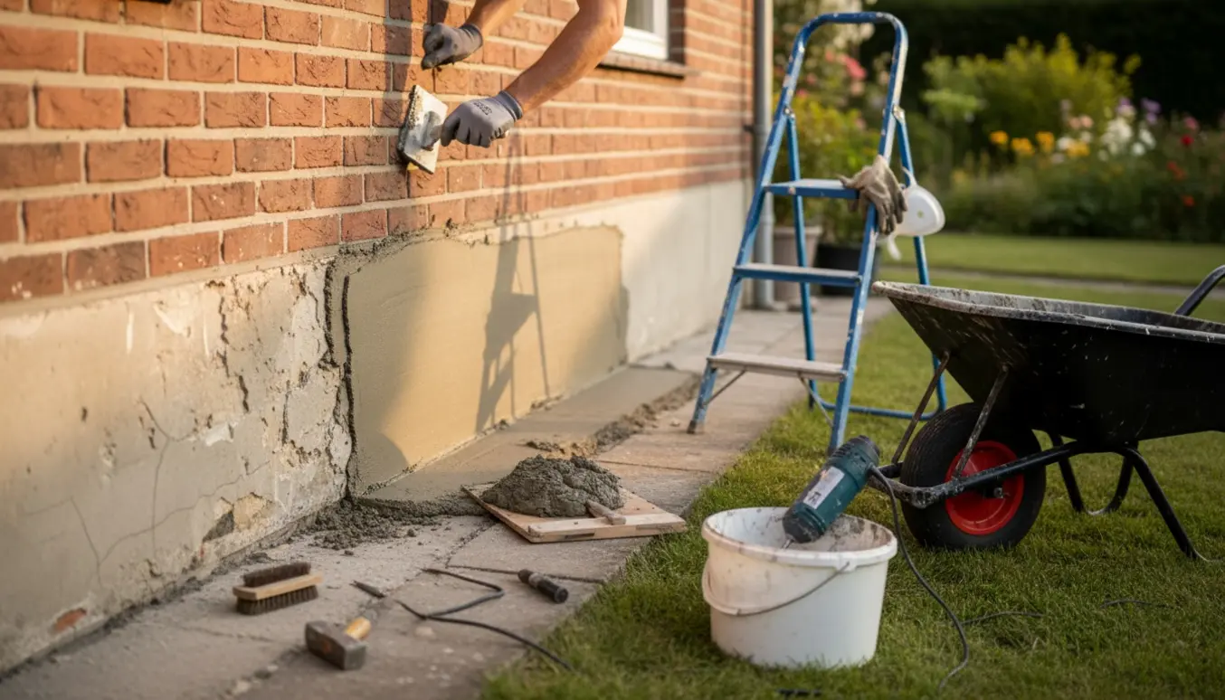 Nærbillede af reparation af sokkel ved hus med hånd, der glatter frisk mørtel ud langs fundamentet.