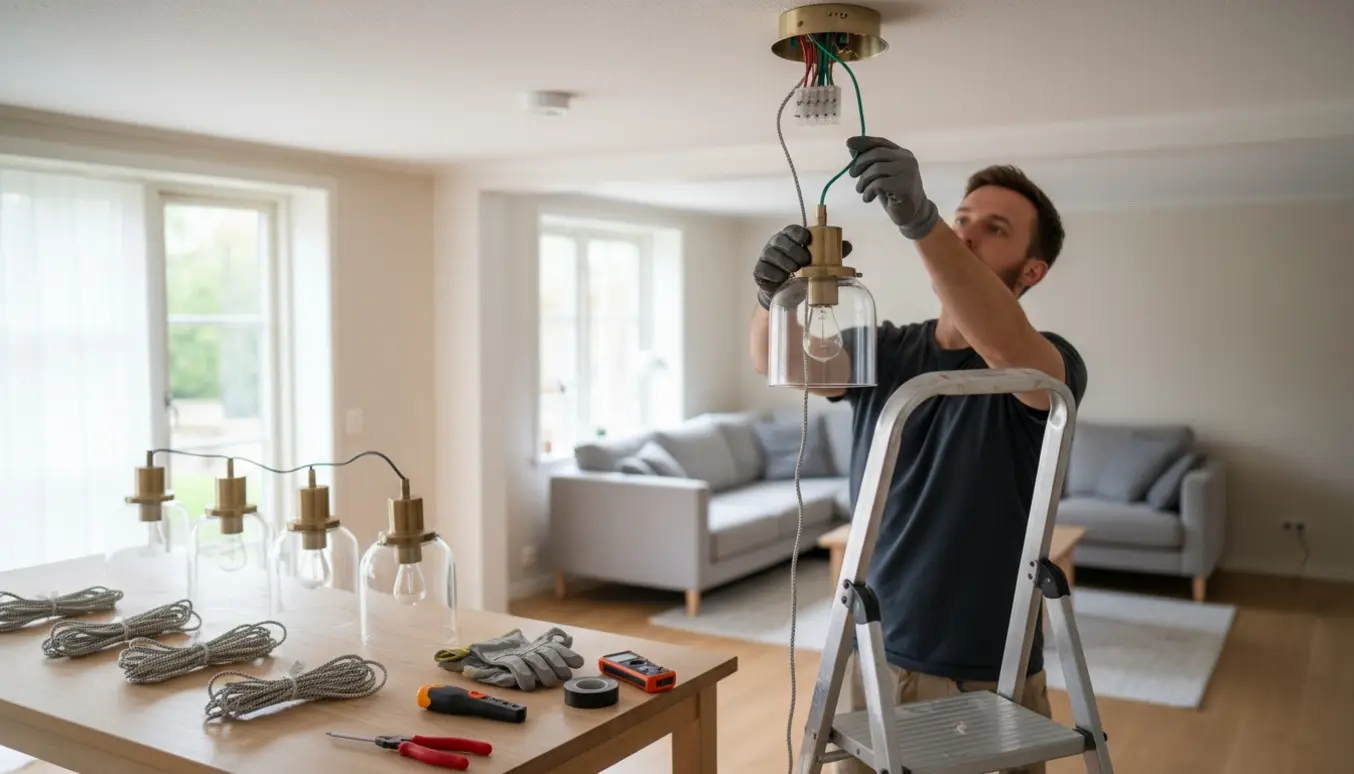 En person hænger en pendel op fra en stige, mens seks lamper og elektriske værktøjer ligger klar på et bord.