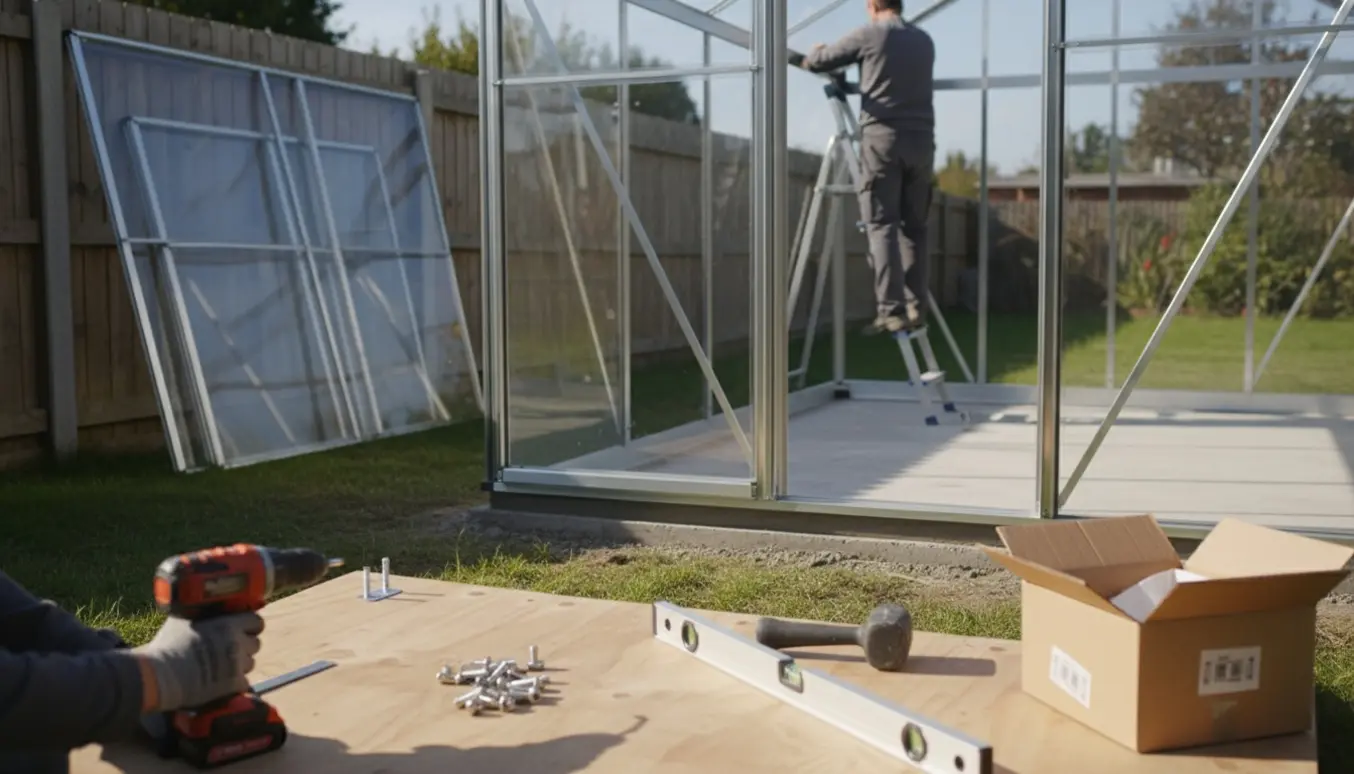 Delvist opbygget Vitavia Aphrodite-drivhus på fundament i en solrig have med værktøj og folk, der monterer rammen.