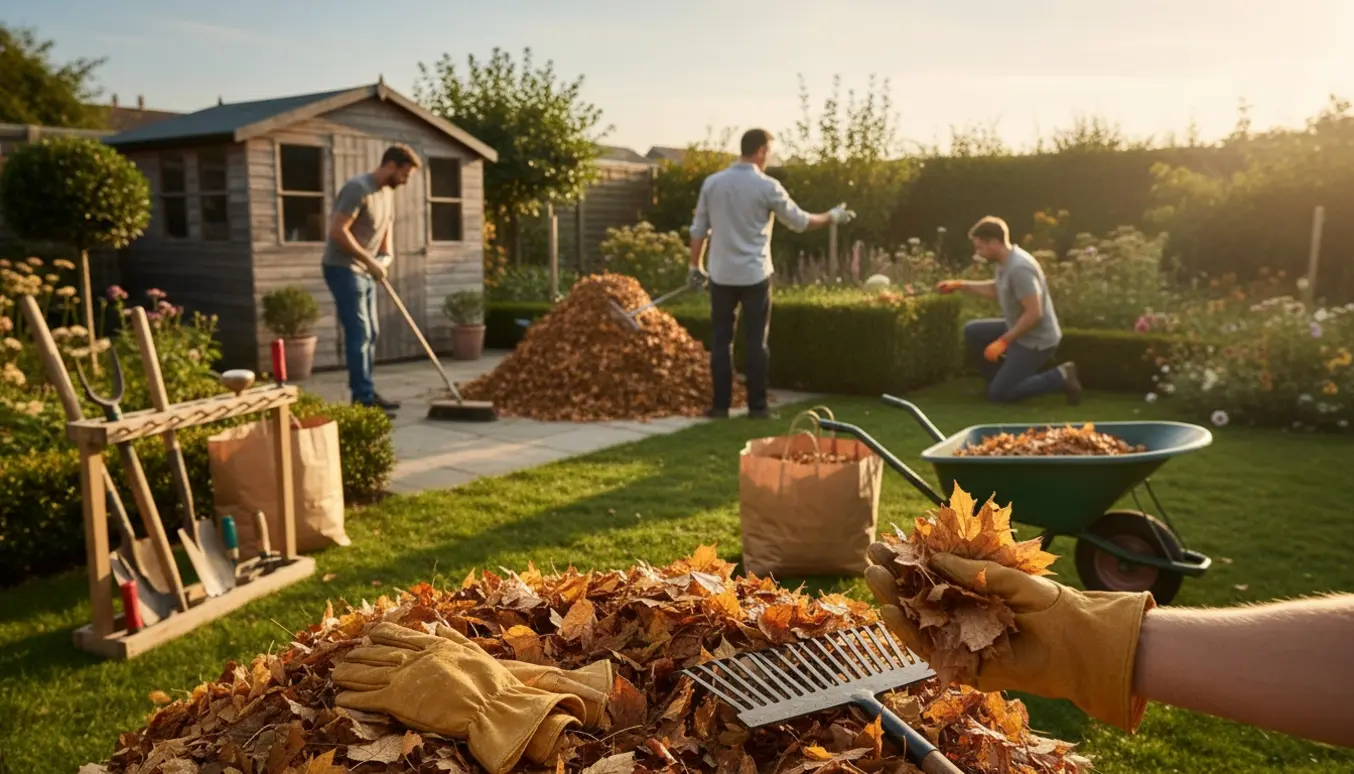 To personer arbejder i en have med rive, kost og trillebør, mens en vejleder peger, ansigter ikke synlige.