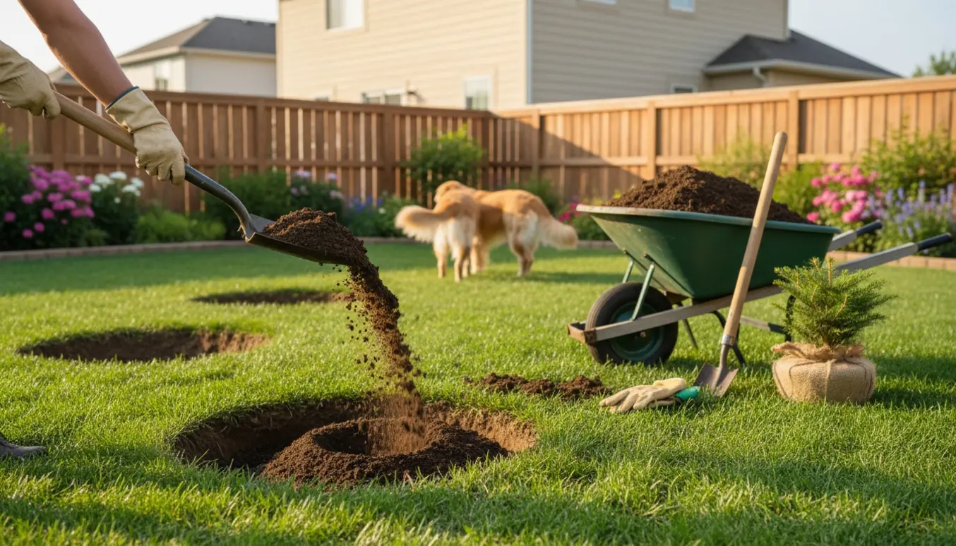 Huller i baghaven fyldes med jord med trillebør og et lille juletræ klar til udplantning.
