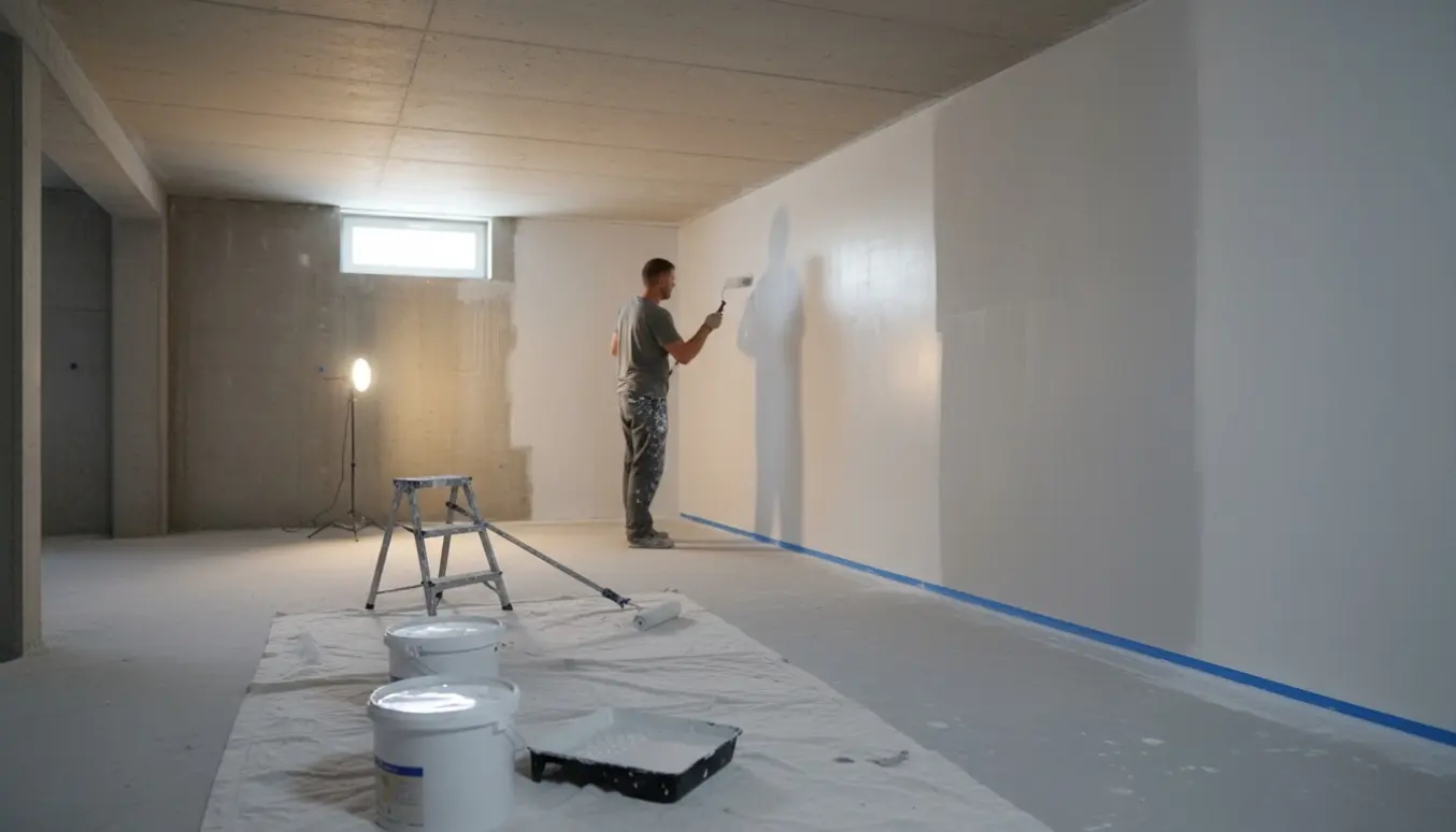 Lavloftet kælder (ca. 75 m²) under ommaling, en maler ruller et ekstra lag maling på væggen med malerbøtter og afdækningsdug i forgrunden.