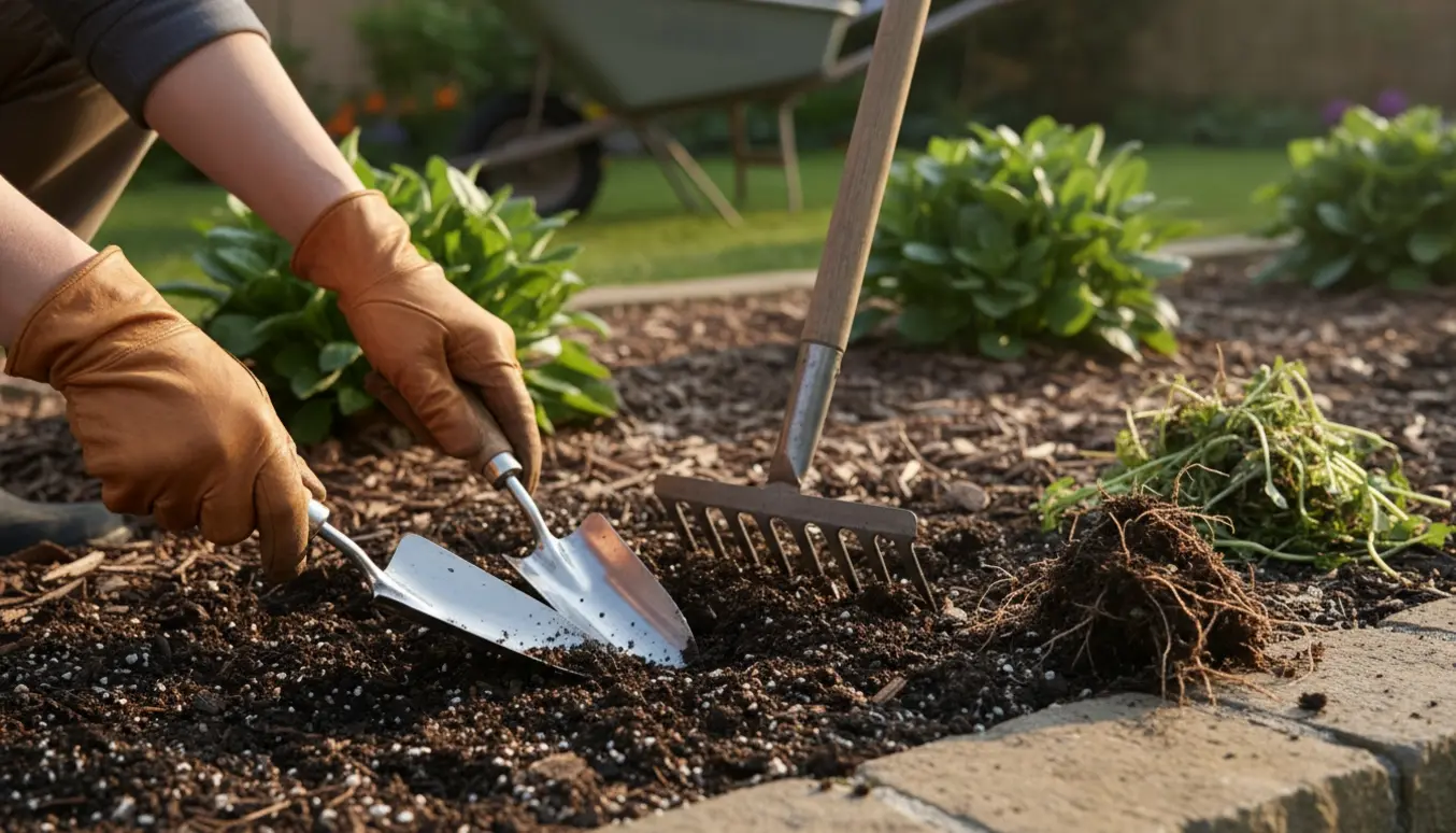 Nærbillede af hænder i handsker, der luger et blomsterbed med spade, skuffejern og rive.