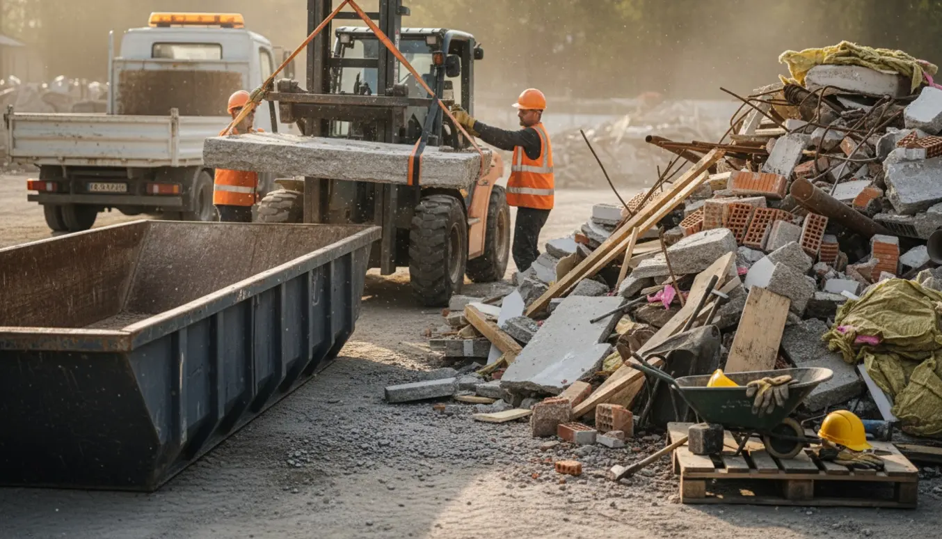 Tunge byggeaffald som betonblokke og træ lastes i en åben container på en byggeplads.