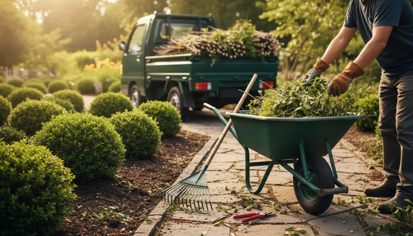 Friskklippede buske og en trillebør fyldt med ukrudt og kviste klar til afhentning.