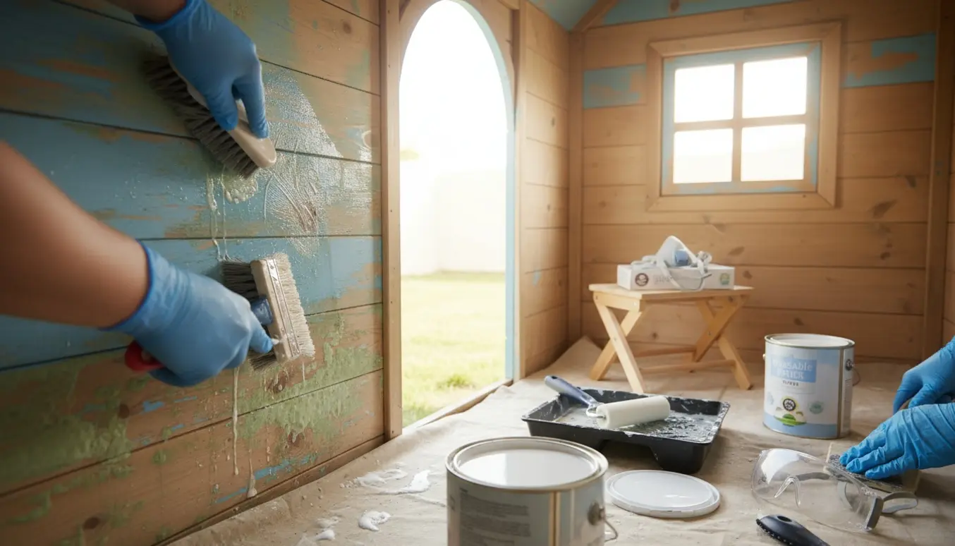 Indvendigt legehus med mugpletter, hvor hænder renser og klargør væggene til maling.