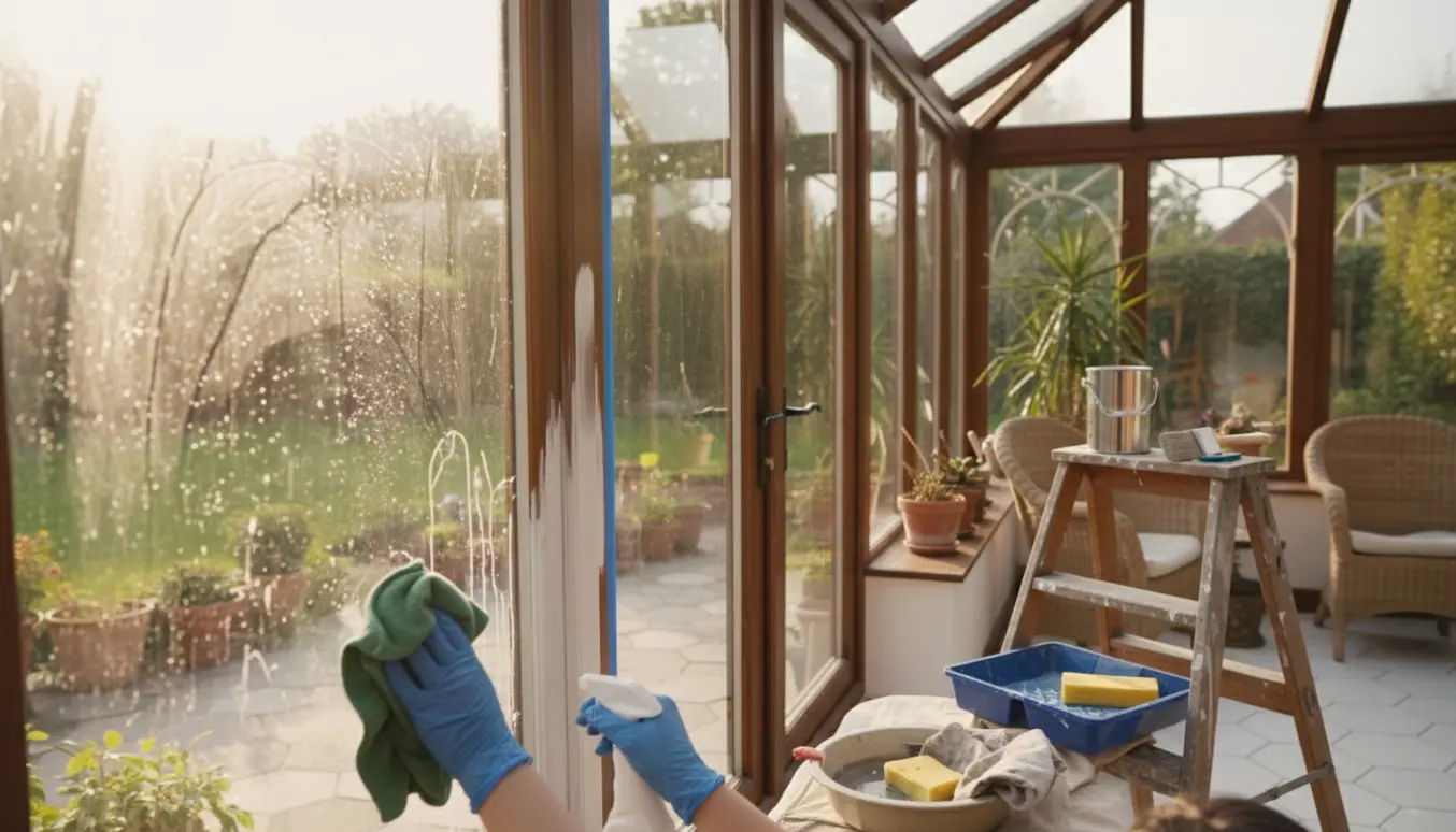 Udestue under klargøring med rengjorte glasruder og en friskmalet vinduesramme.