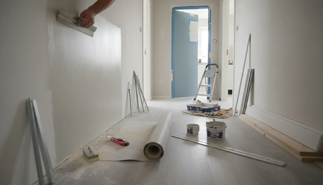 Lille mellemgang under renovering med spartelværktøj, delvist rullet linoleum og halvmalet køkkendør.