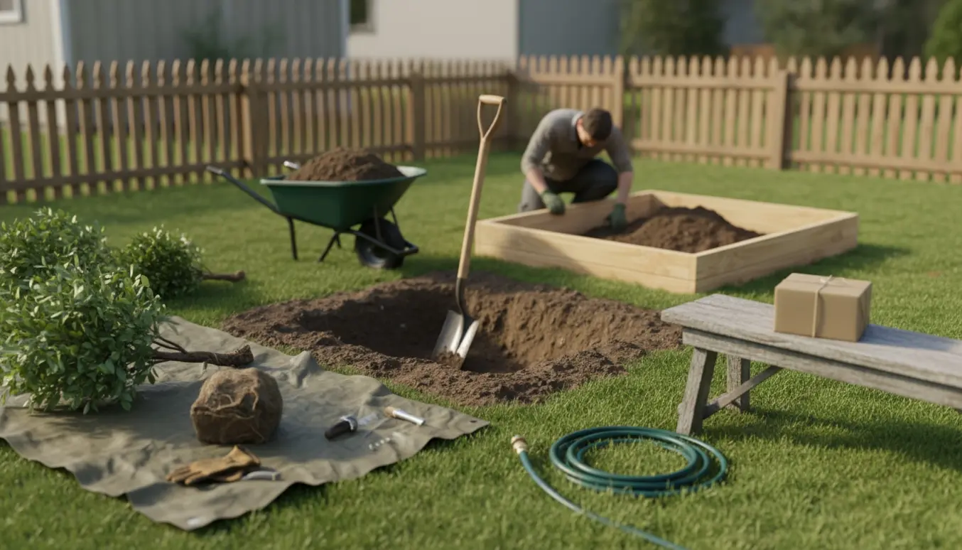 Udgravning til sandkasse i en privat have med udgravede buske og haveværktøj uden tydelige ansigter.