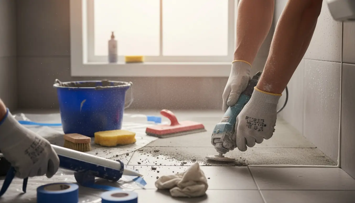 Nærbillede af udskiftning af gulvfuger og silikone i en brusekabine med værktøj og frisk mørtel.