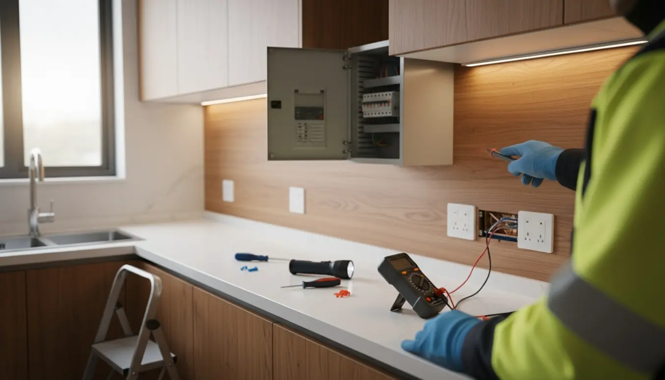 Elektriker tester åbent køkkenstik med multimeter og eltavle i baggrunden.