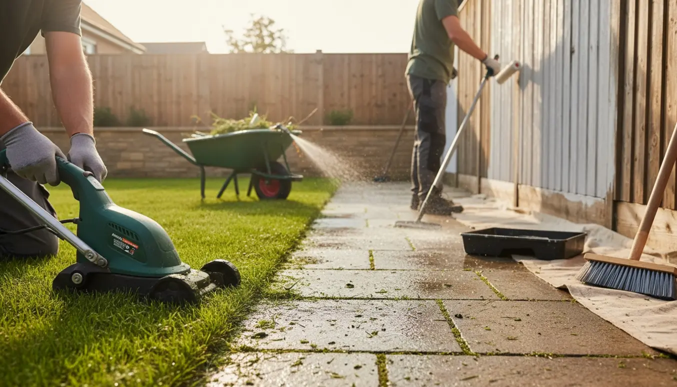 Udendørs scene med fliser fri for ukrudt, et træplankeværk der bliver malet og en nyklippet græskant.