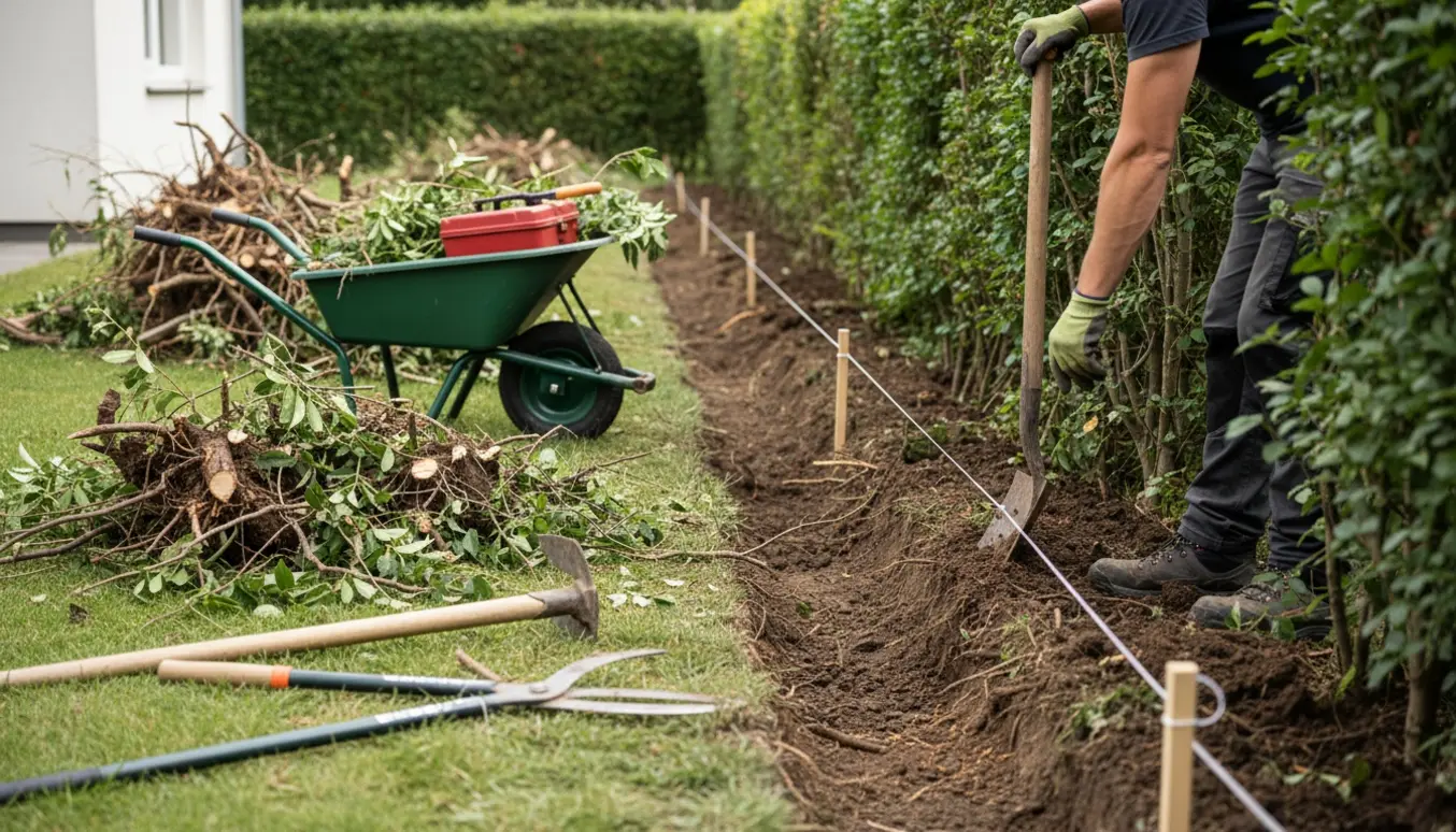 Rydning af buske i en villahave med værktøj, bunker af rødder og en frivillig rydningsstribe klar til hegn.