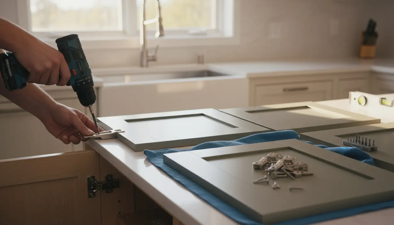 Hænder monterer nye køkkenlåger og skuffefronter på åbne skabskasser med værktøj og nye låger på bordet.