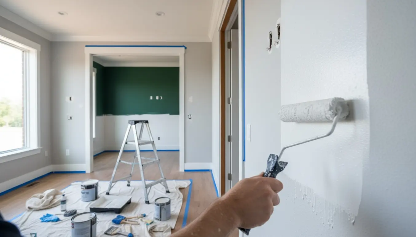Tom moderne bolig under indendørs maling med ruller, malerbøtter og en halvt malet mørkegrøn væg.