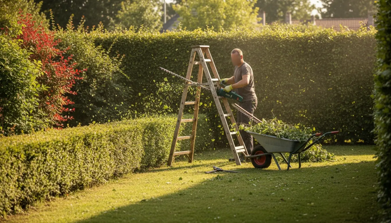Sommerbillede af hækkeklipning med nysnoet bøgehæk, handske‑klædte hænder med hækkeklipper og rød kornel i baggrunden.