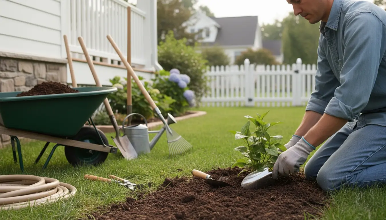 En person med ryggen til planter i haven ved siden af haveredskaber og en trillebør.